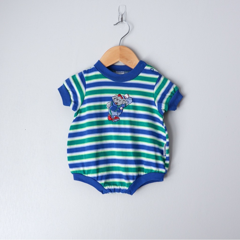 Vintage Health tex Embroidered Elephant Baseball Striped Bodysuit Onesie 0-3M